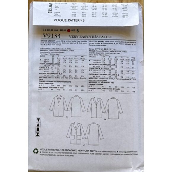 Vogue #V9133 Jacket Sewing Pattern Sizes Lrg - XXL Sku 0264 UNCUT - Picture 4 of 4